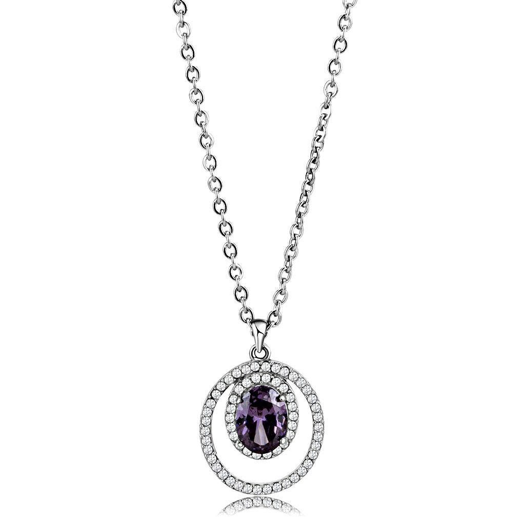 JCE300 High polished (no plating) Stainless Steel Chain Pendant with AAA Grade CZ in Amethyst