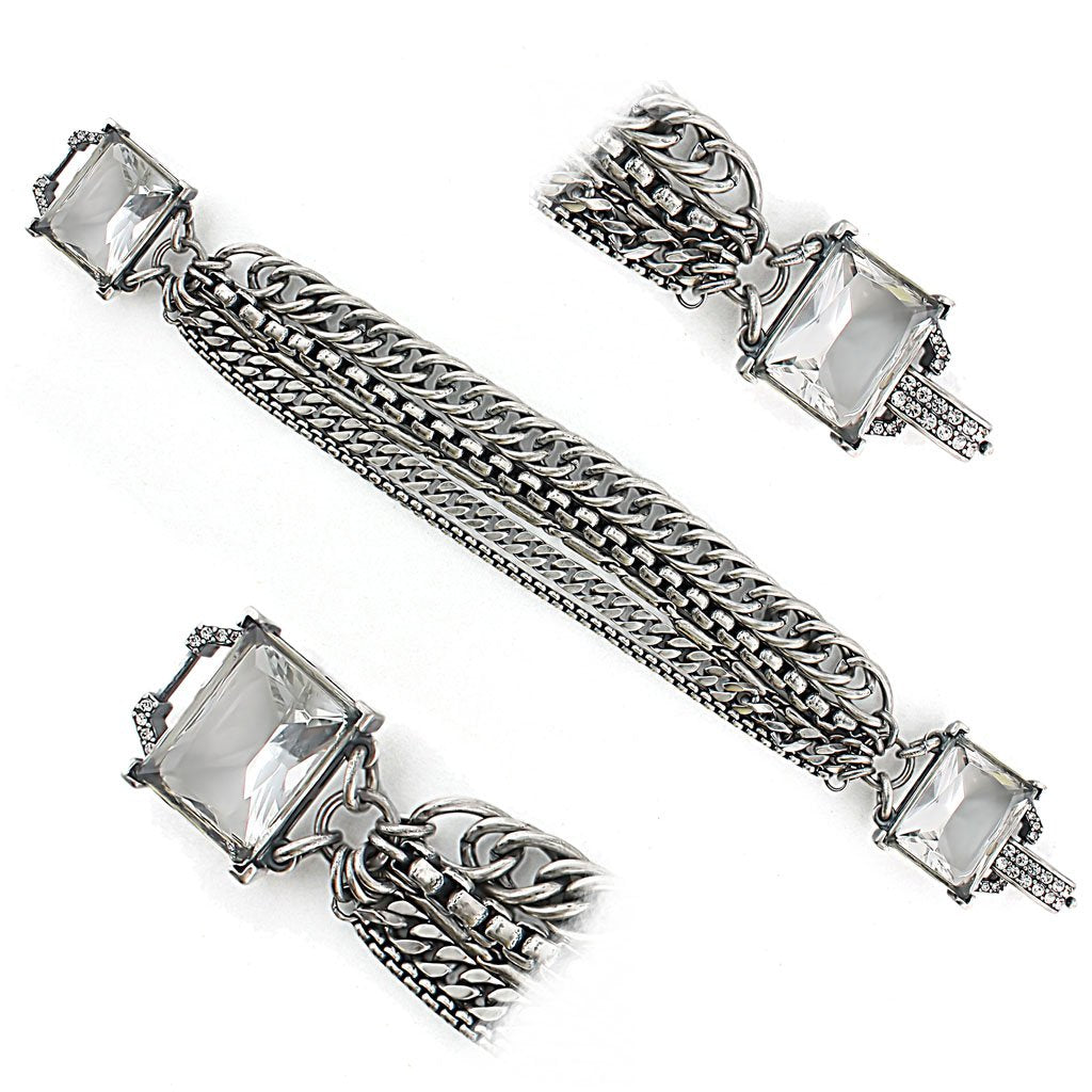 JCE1276 Antique Silver Brass Bracelet with Synthetic Synthetic Glass in Clear