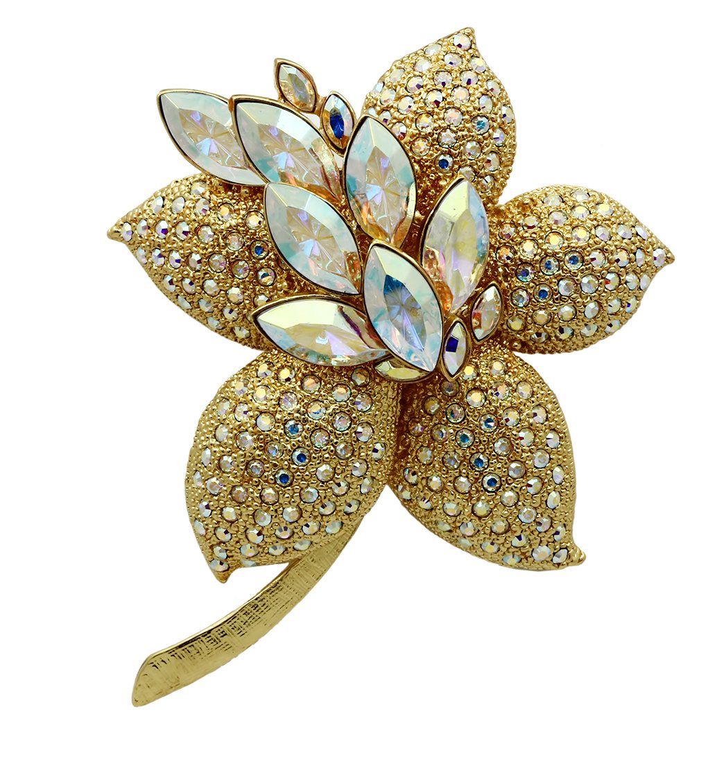 JCE2402 Gold White Metal Brooches with Top Grade Crystal in Aurora Borealis (Rainbow Effect)