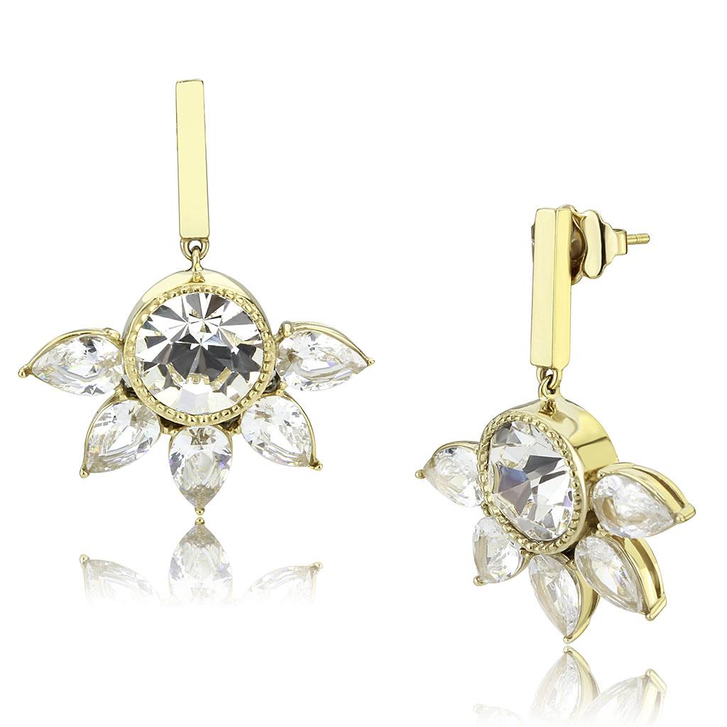 JCE3661 IP Gold(Ion Plating) Stainless Steel Earrings with Top Grade Crystal in Clear