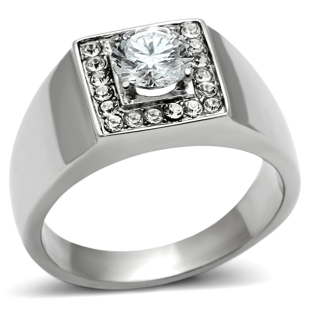 JCE483 High polished (no plating) Stainless Steel Ring with AAA Grade CZ in Clear