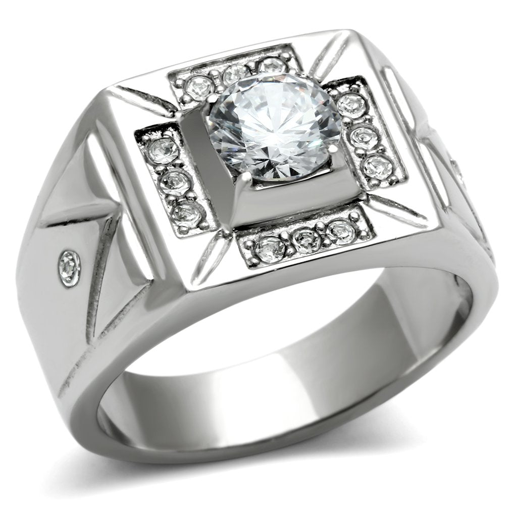 JCE486 High polished (no plating) Stainless Steel Ring with AAA Grade CZ in Clear