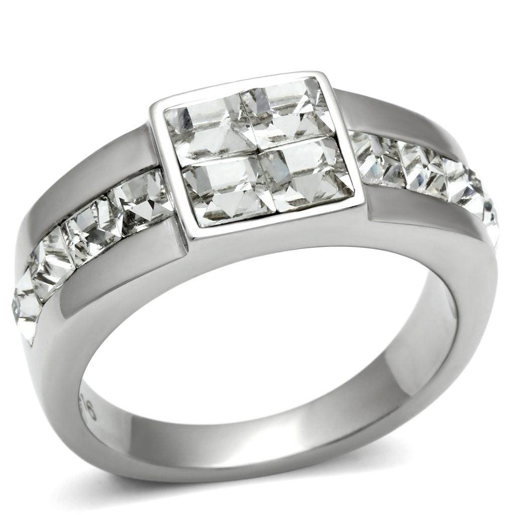 JCE487 High polished (no plating) Stainless Steel Ring with Top Grade Crystal in Clear