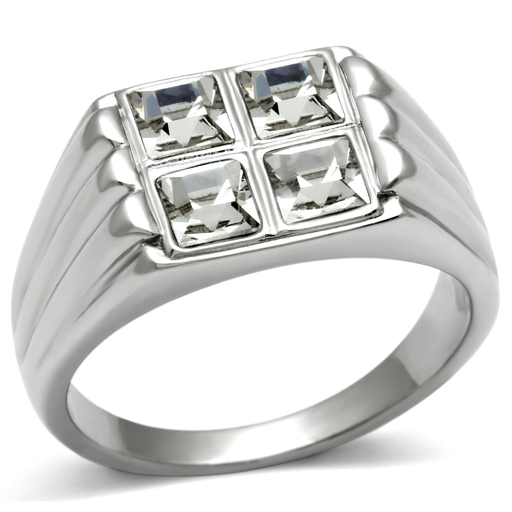 JCE488 High polished (no plating) Stainless Steel Ring with Top Grade Crystal in Clear