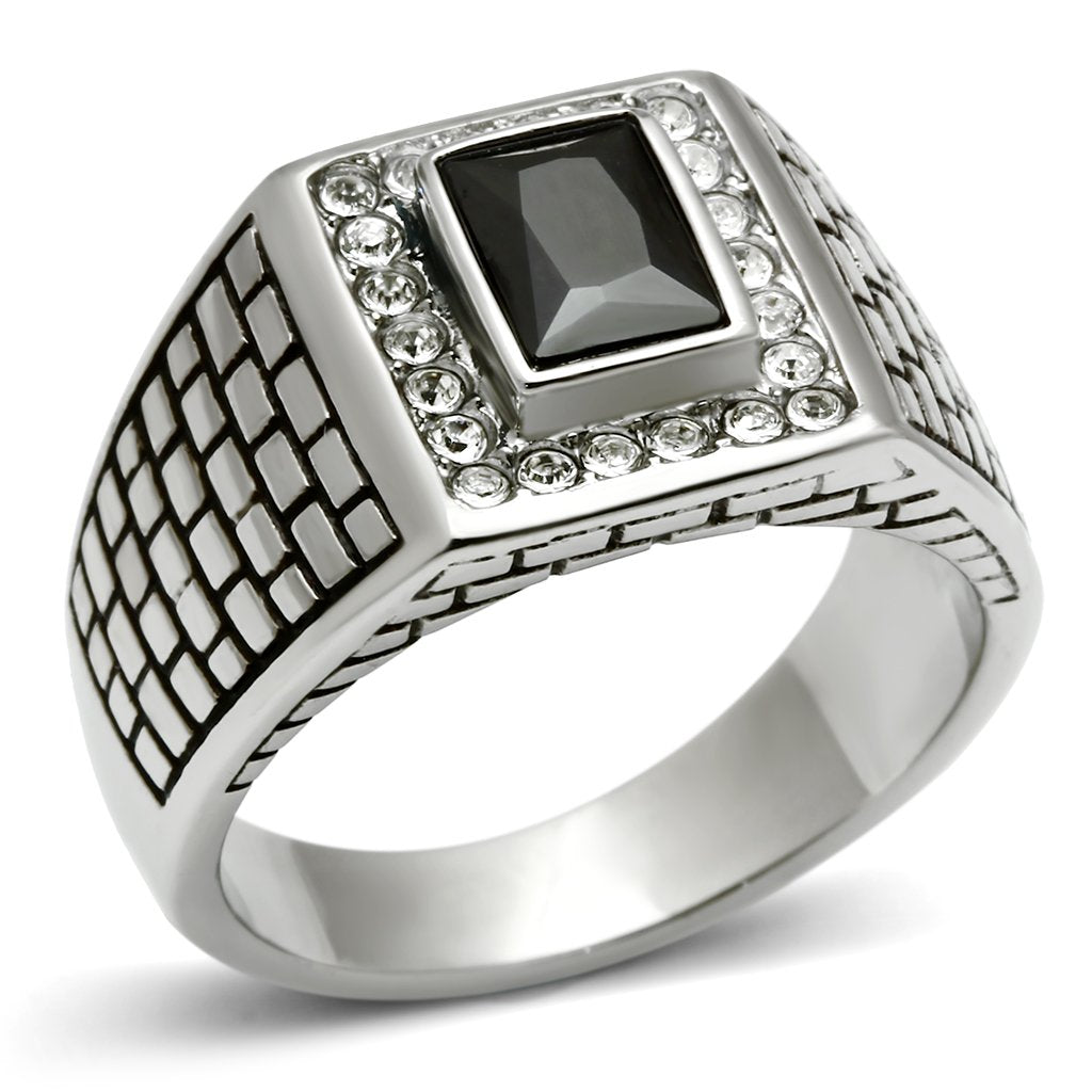JCE494 High polished (no plating) Stainless Steel Ring with AAA Grade CZ in Jet