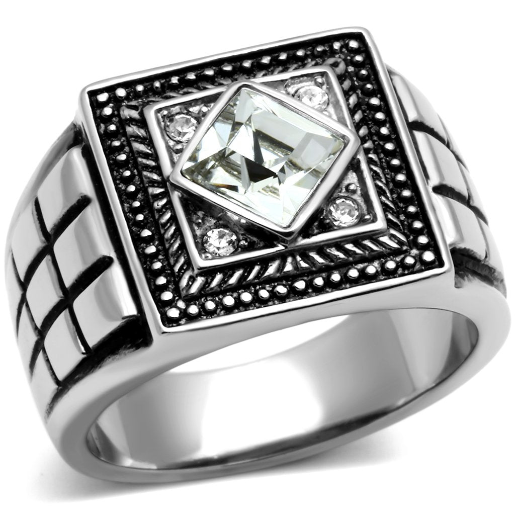 JCE589 High polished (no plating) Stainless Steel Ring with Top Grade Crystal in Clear