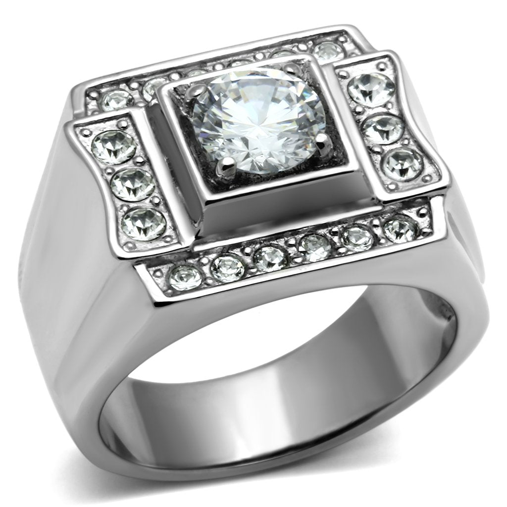 JCE593 High polished (no plating) Stainless Steel Ring with AAA Grade CZ in Clear