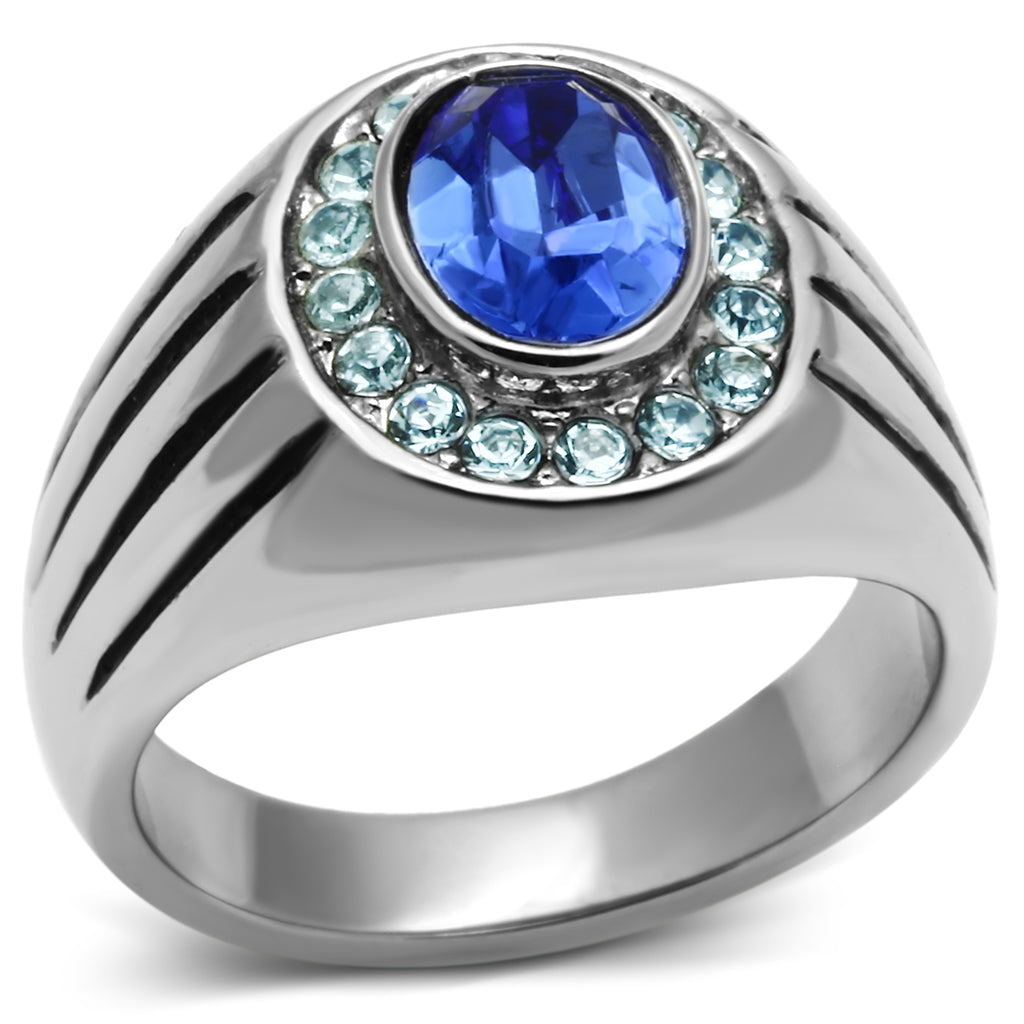 JCE601 High polished (no plating) Stainless Steel Ring with Top Grade Crystal in Sapphire