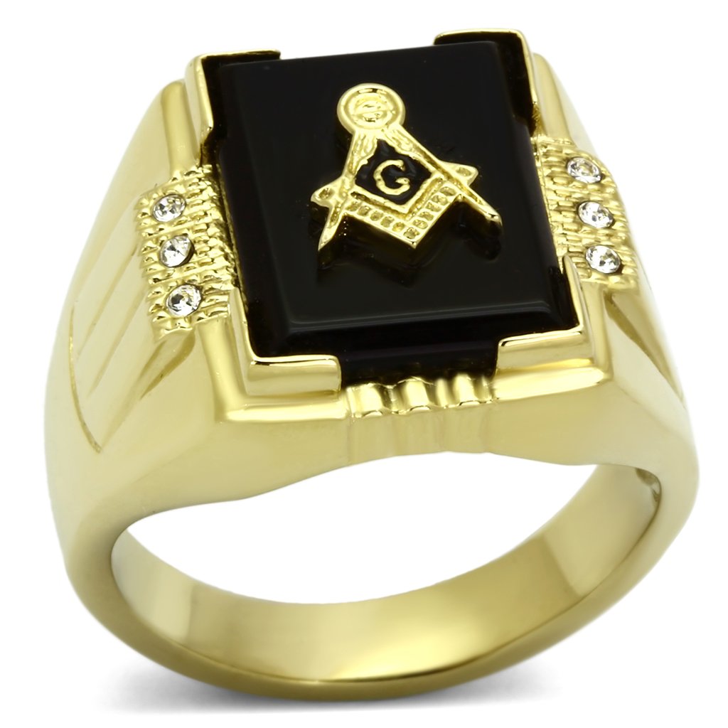 JCE795 IP Gold(Ion Plating) Stainless Steel Ring with Semi-Precious Agate in Jet