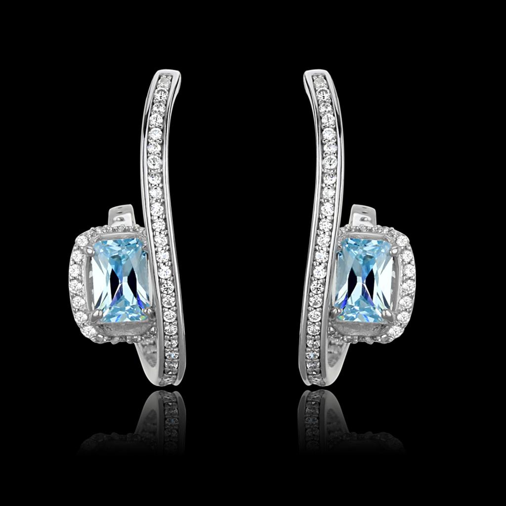 JCE442 Rhodium 925 Sterling Silver Earrings with AAA Grade CZ  in Sea Blue